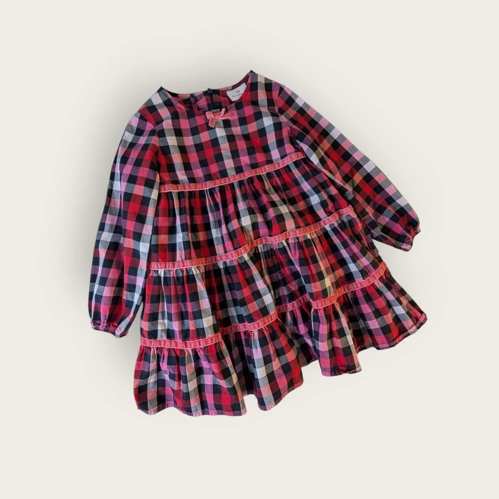 Hanna Andersson Girls Red Black Buffalo Check Plaid Tiered Dress Size 110 5T 5
